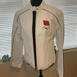 Dale Jr. #88, white leather NASCAR jacket with a green stripe ,size large NWT